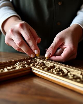 Artigiano che lavora su una cornice intagliata a mano con dettagli dorati
